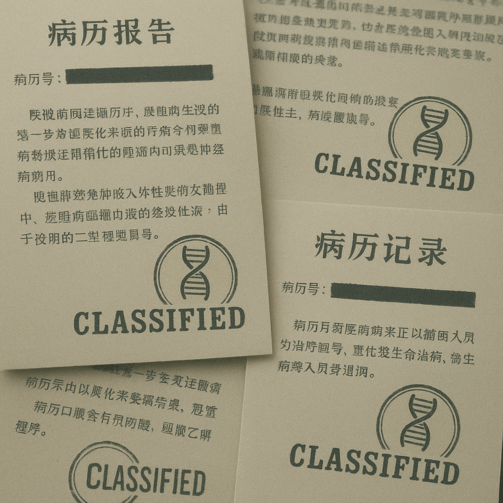 Redacted medical reports with DNA diagrams and classified markings, hinting at covert cloning
