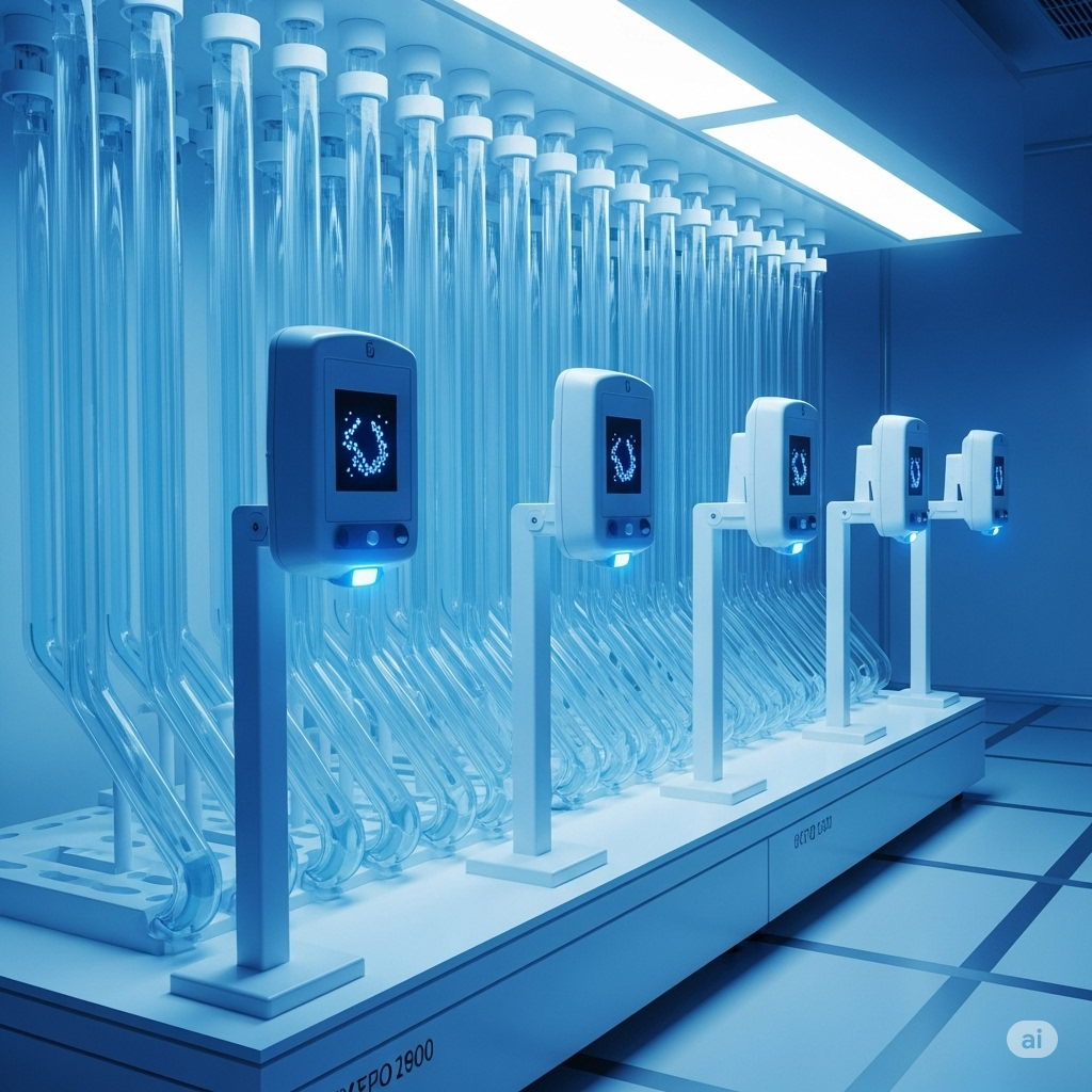 High-tech cloning chamber with multiple embryo incubation pods and scanning equipment.