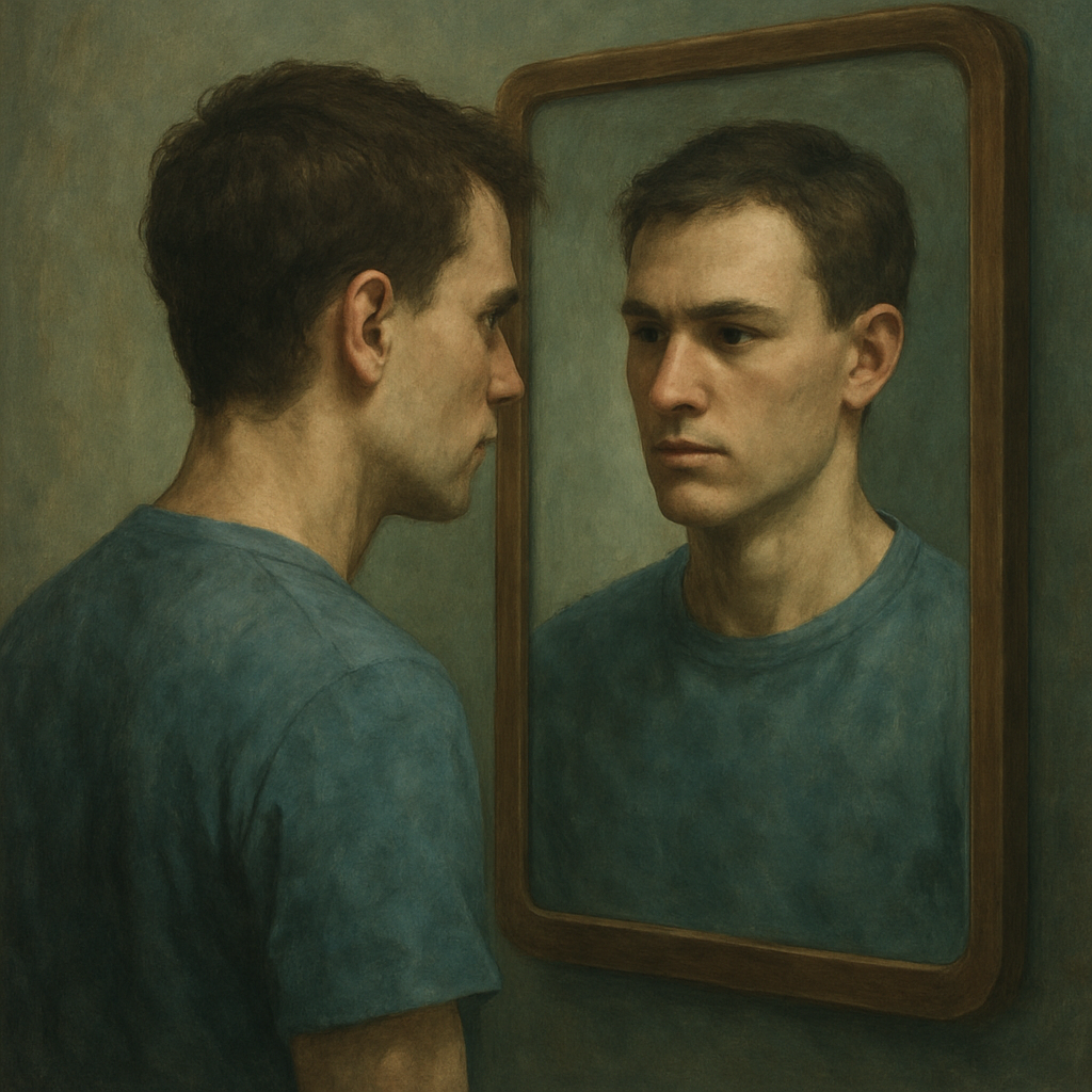 Symbolic portrait of a person staring into a mirror showing a nearly identical clone reflection