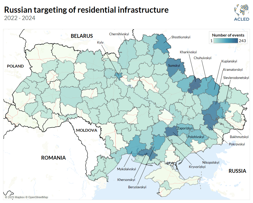 A map visualizing the number of Russian strikes on residential infrastructure across Ukrainian regions from 2022 to 2024, with darker areas indicating higher frequency.