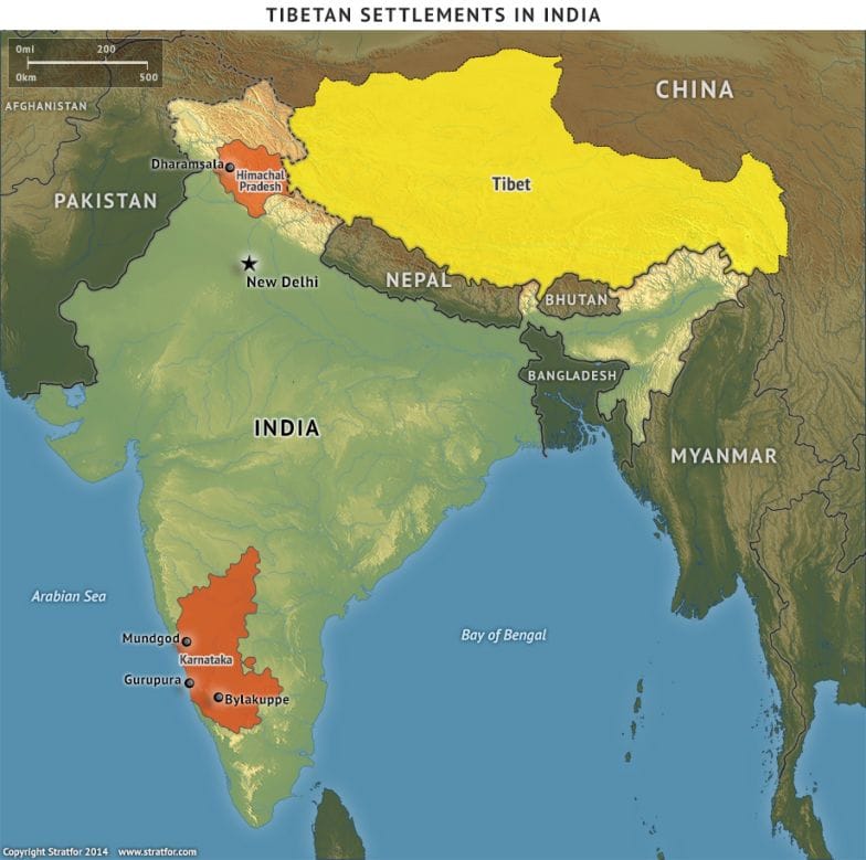 A map of India and surrounding regions highlighting major Tibetan settlements and the Tibetan plateau in yellow.