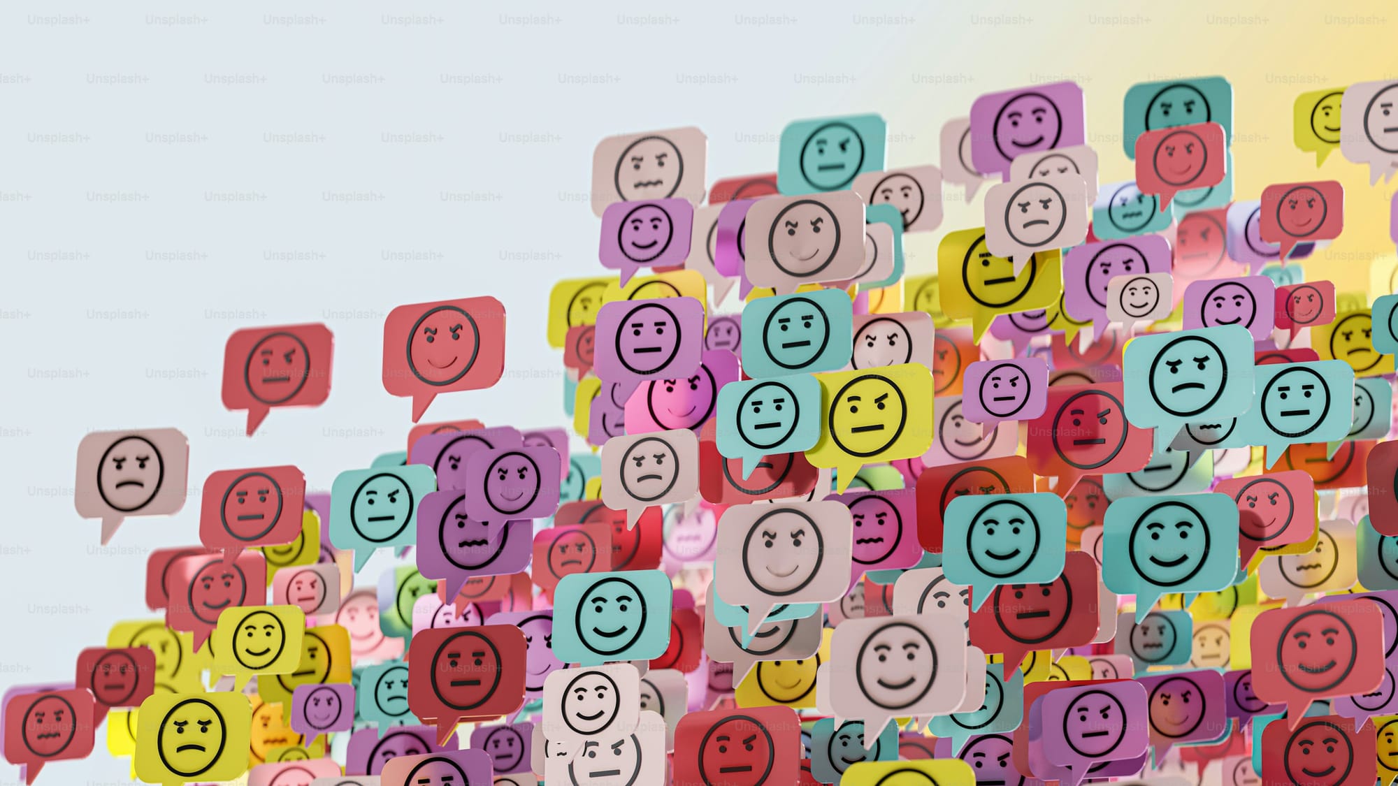 Collage of emoji faces in varied colors symbolizing mental states like stress, and joy.