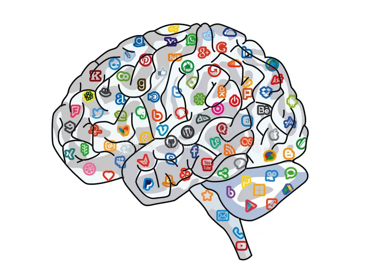 Brain composed of network-like nodes representing social media connections and influence zones.