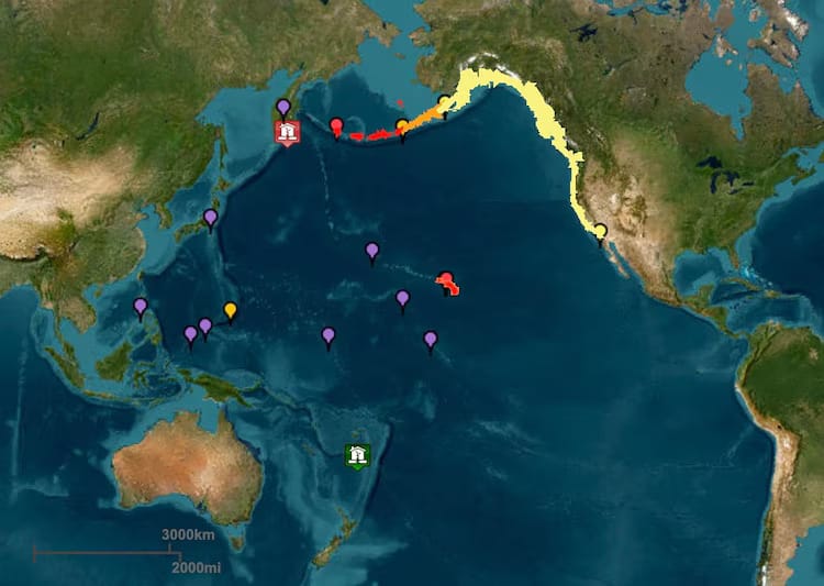 Tsunami threat map showing high-alert zones along Alaska’s southern coastline and Russia’s eastern front after powerful quake.