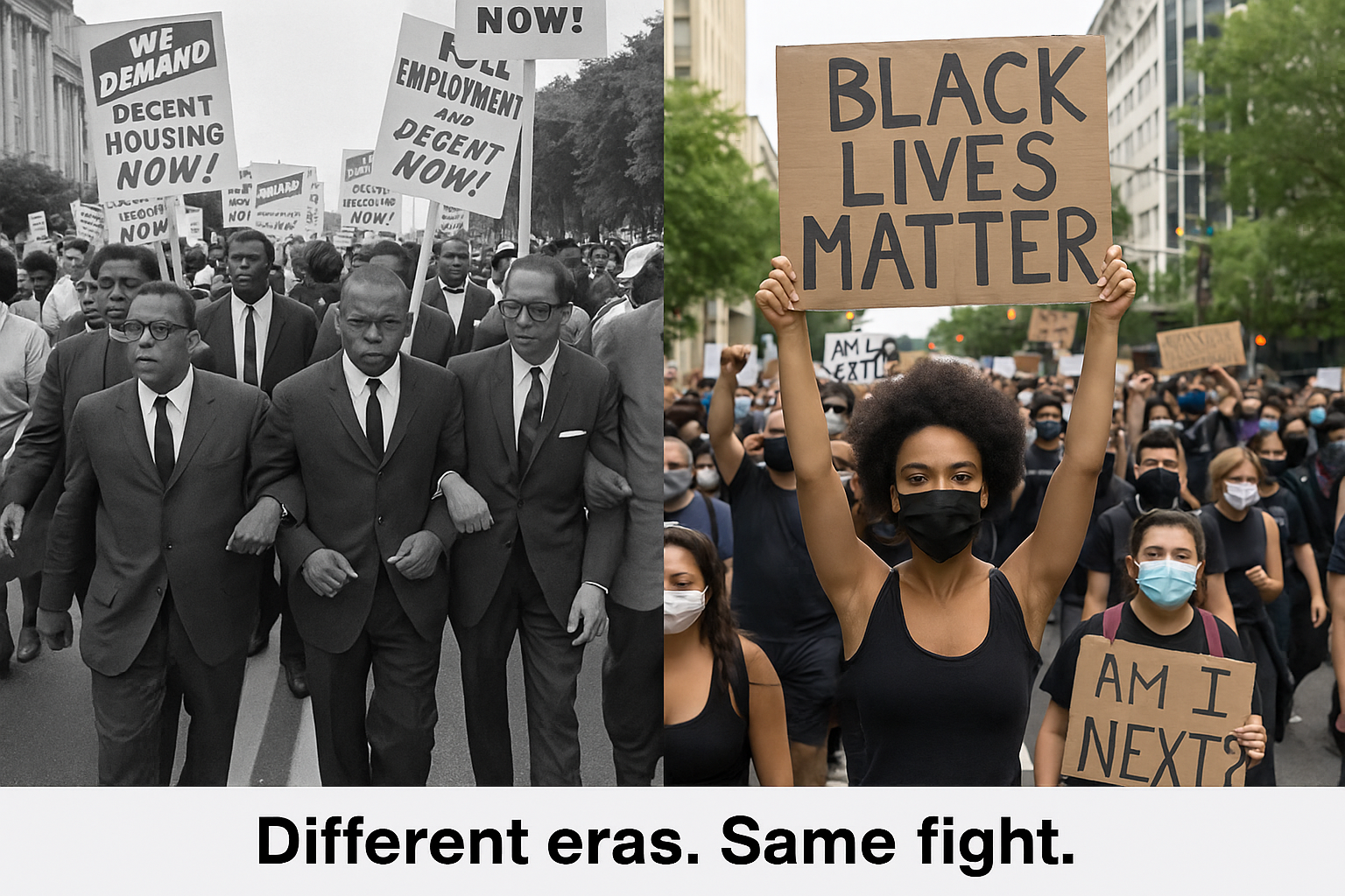 Visual comparison of 1960s Civil Rights protests and modern Good Trouble protests”