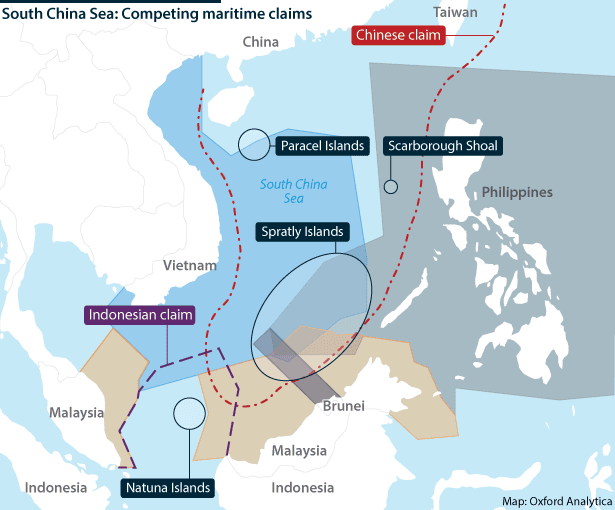 Detailed map showing competing maritime claims in the South China Sea, including China’s expansive claim, Indonesia’s EEZ boundaries, and the location of disputed islands like the Spratlys and Paracels.