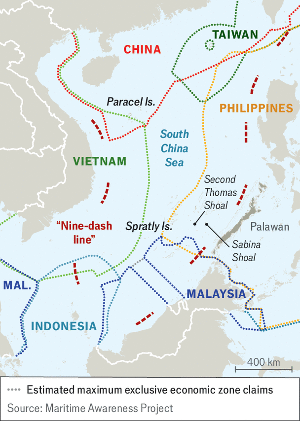 Map showing overlapping exclusive economic zone (EEZ) claims in the South China Sea by China, Taiwan, Vietnam, the Philippines, Malaysia, and Indonesia, with China's “Nine-dash line” prominently marked.