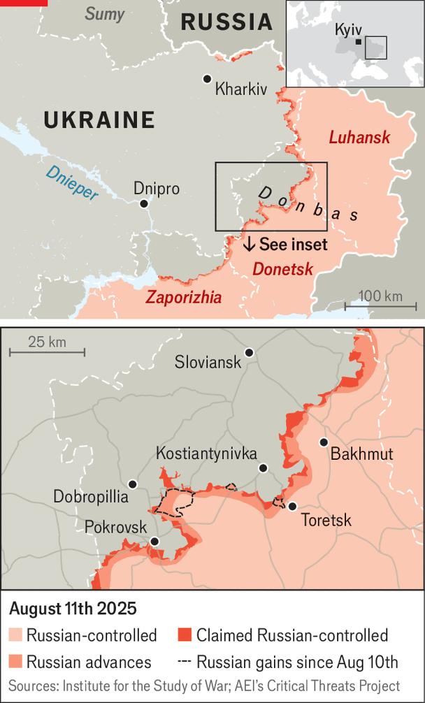 Map showing eastern Ukraine’s Donbas region as of August 11, 2025.