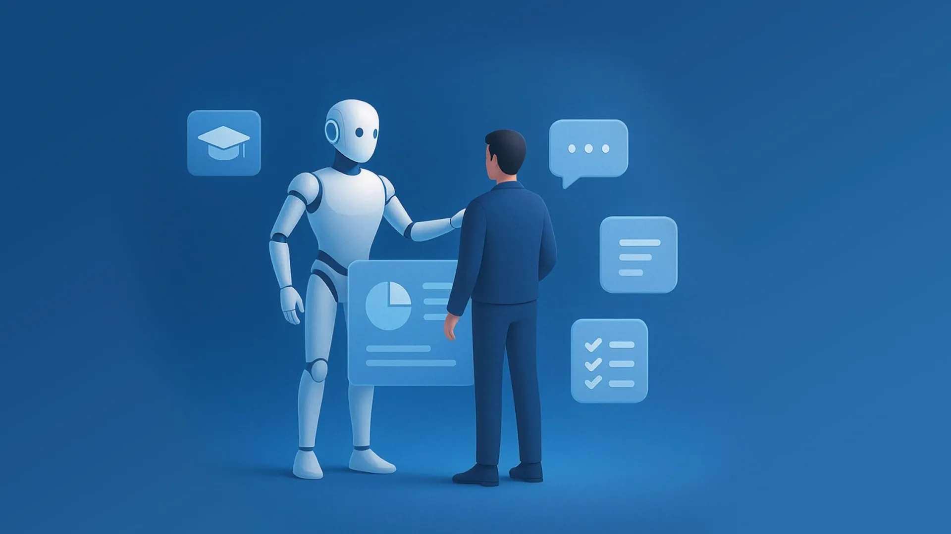 Futuristic illustration of a humanoid robot presenting data to a human, surrounded by icons representing chat, education, and checklists.