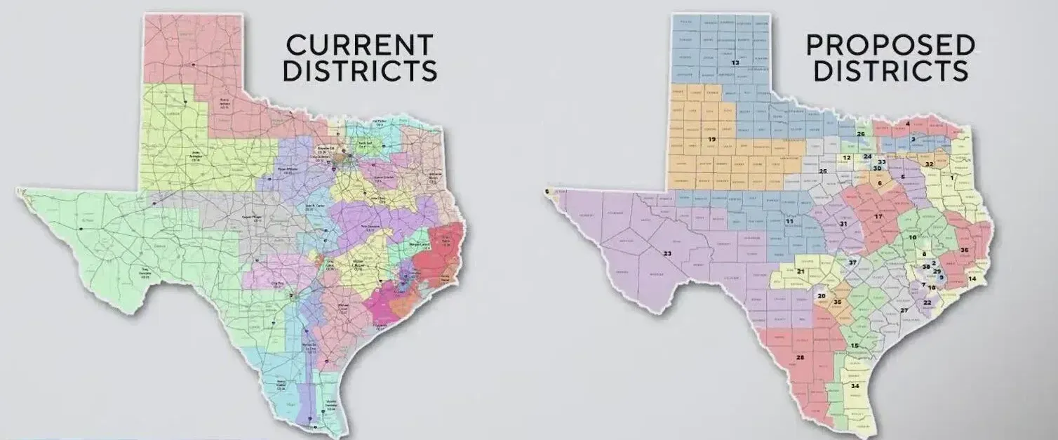 Side-by-side maps of Texas showing current congressional districts and proposed new districts under GOP-backed redistricting plans.