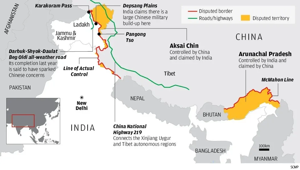 Map of India-China border disputes showing Aksai Chin and Arunachal Pradesh as contested regions, Line of Actual Control, McMahon Line, and key conflict zones such as Depsang Plains and Pangong Tso.