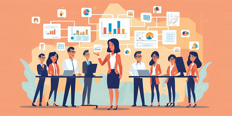 Illustration of a group of professionals discussing business analytics, with charts, graphs, and data visuals floating in the background.