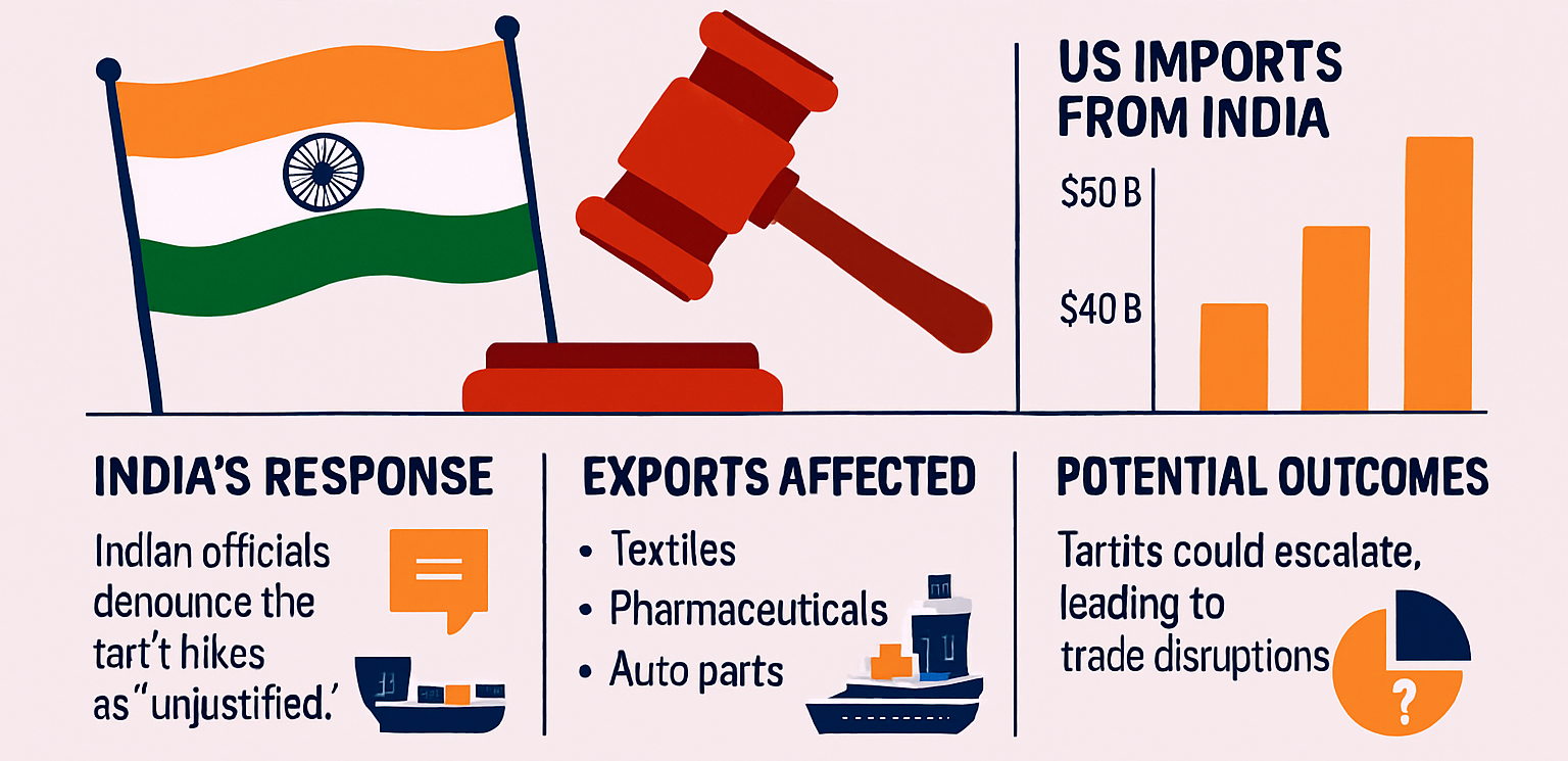 An infographic showing India's response to new U.S. tariffs, listing affected sectors like textiles, pharmaceuticals, and auto parts, with a chart illustrating rising U.S. imports from India.