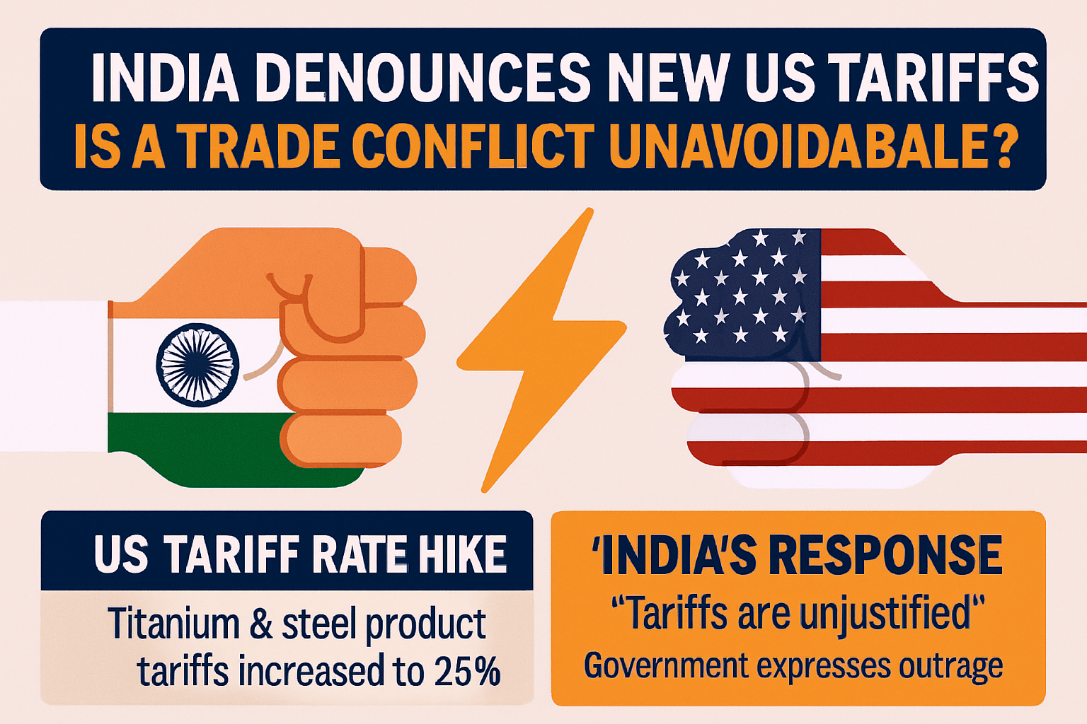 An infographic depicting India and U.S. in a standoff over raised tariffs on titanium and steel products, highlighting India's strong objection to the U.S. policy shift.