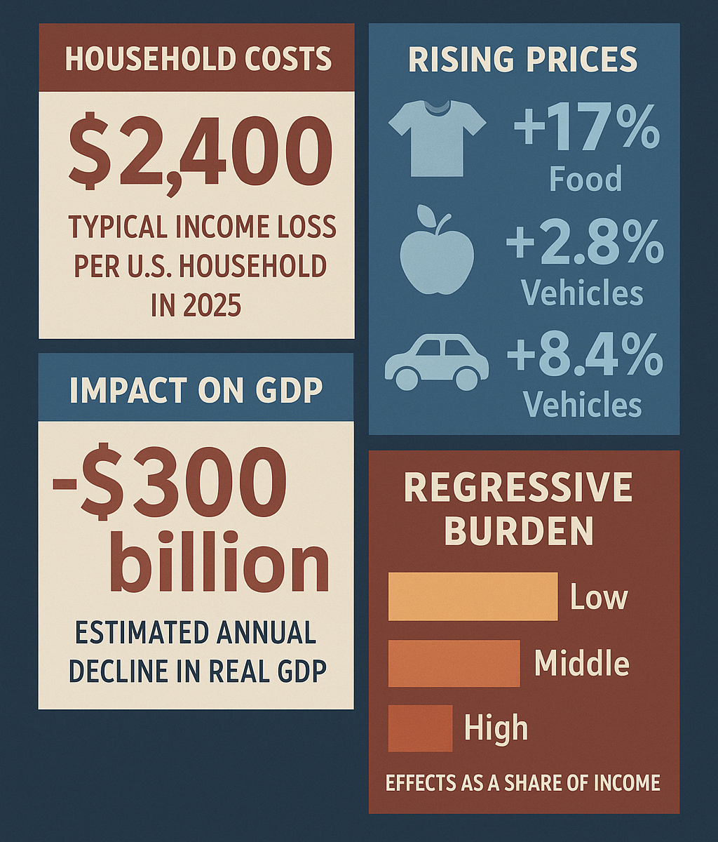 An infographic showing the economic impact of Trump’s tariffs in 2025, including a $2,400 loss per U.S. household, $300 billion decline in GDP, rising food and vehicle prices, and disproportionate effects on low-income groups.