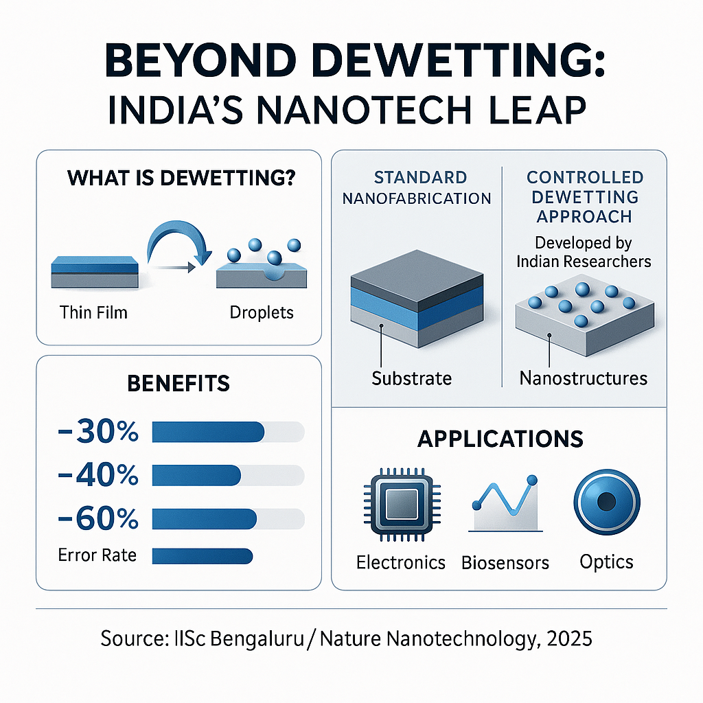 Infographic explaining India’s new nanotech leap using controlled dewetting to create nanostructures, showing reduced error rates and applications in electronics, biosensors, and optics.