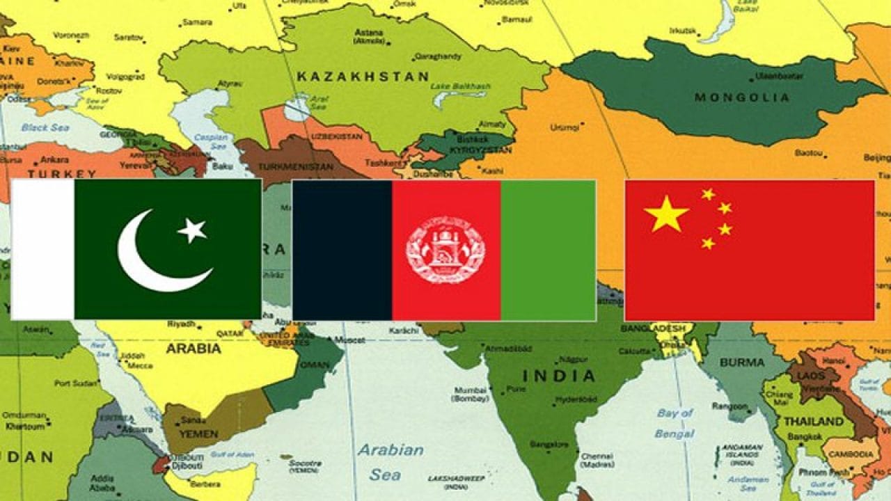 Map of South and Central Asia highlighting Pakistan, Afghanistan, and China with their national flags symbolizing trilateral cooperation.