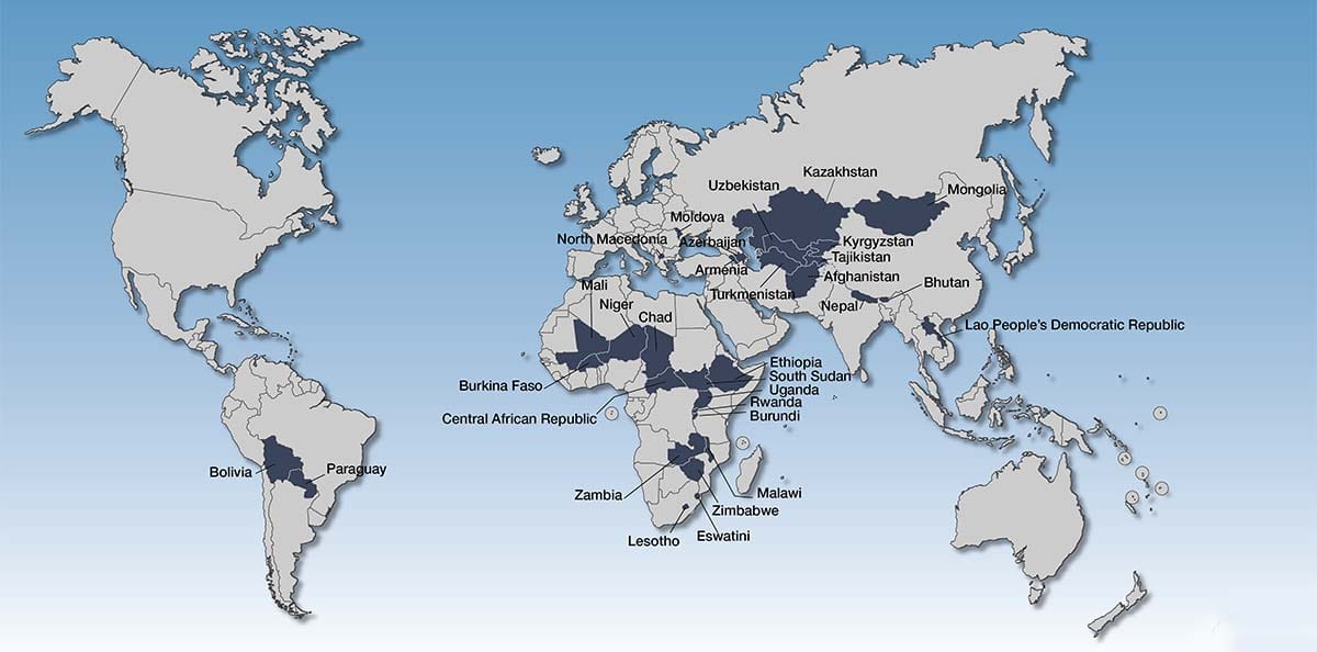 A global map highlighting the 32 landlocked developing countries (LLDCs), located primarily in Africa, Central Asia, and parts of South America.
