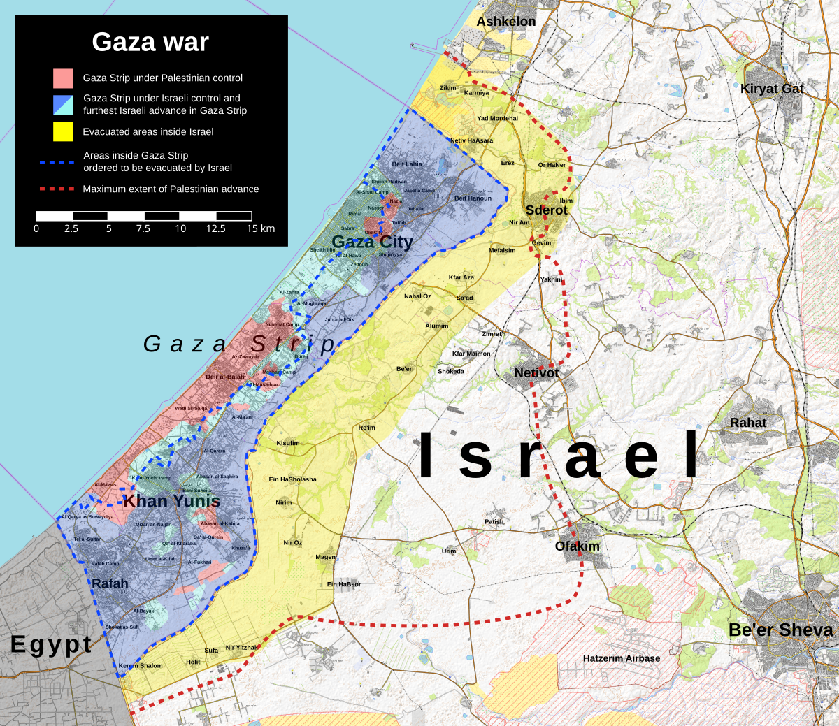 A detailed map showing the Gaza Strip, areas under Palestinian and Israeli control, evacuation zones, and conflict advances during the 2023 Gaza-Israel war.