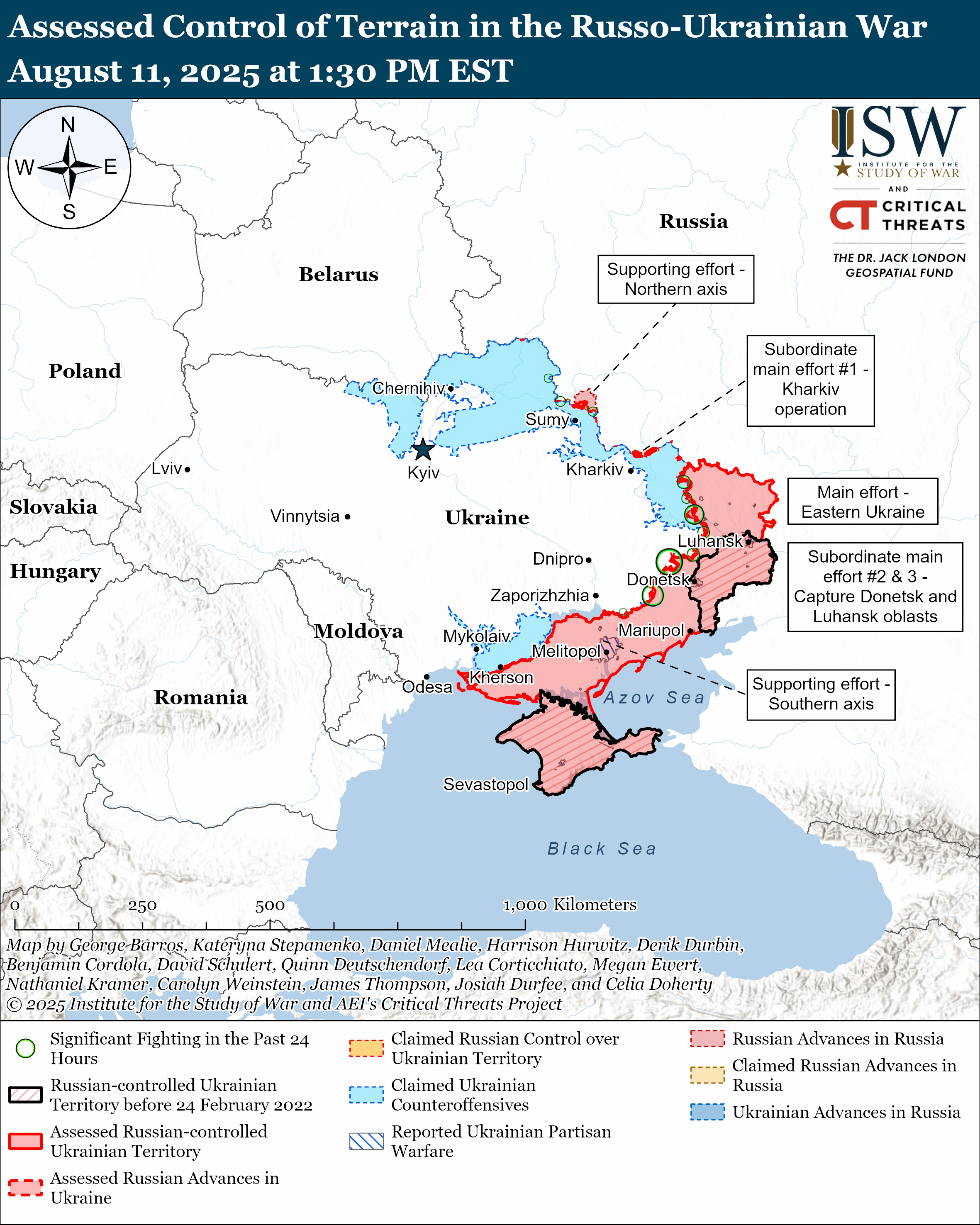 Map of Ukraine as of August 11, 2025, showing territorial control in the Russo-Ukrainian War.
