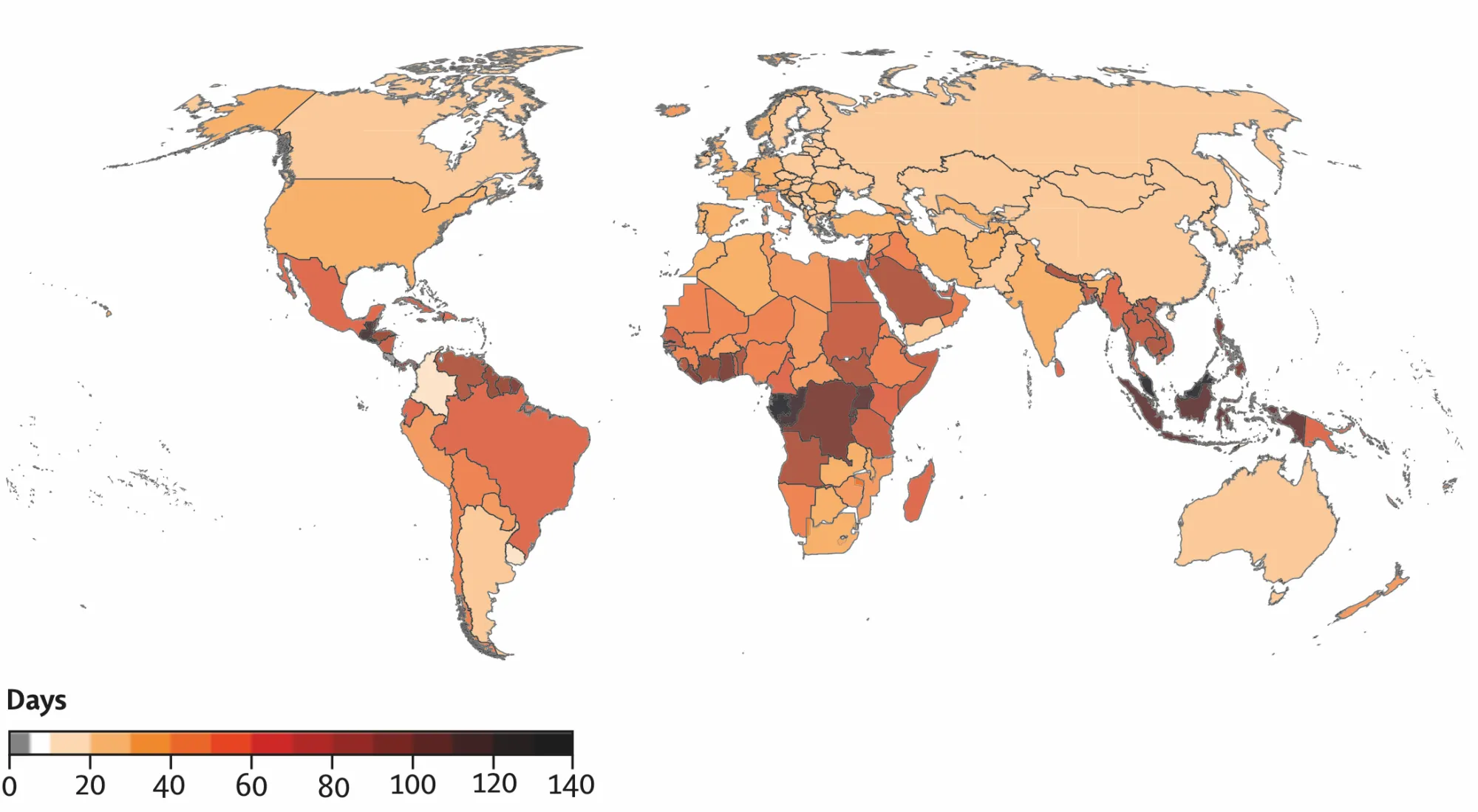 World map showing projected annual days of extreme heat stress