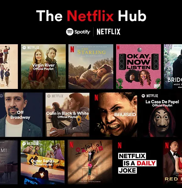 Promotional banner for The Netflix Hub on Spotify, showing playlists and soundtracks from Netflix shows and movies.
