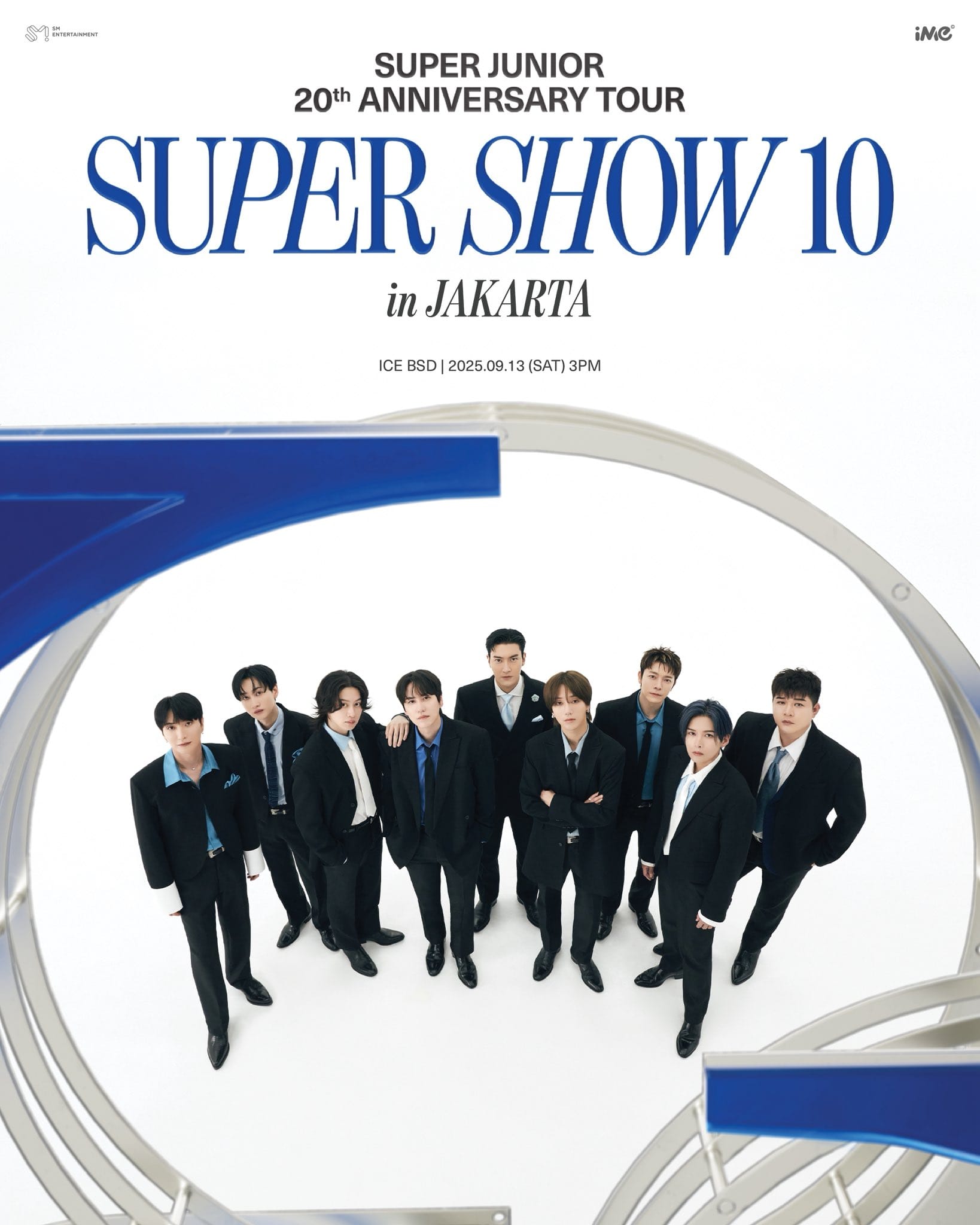 Official poster for Super Junior’s 20th Anniversary Tour 'Super Show 10' in Jakarta, featuring all nine members in black suits with blue accents