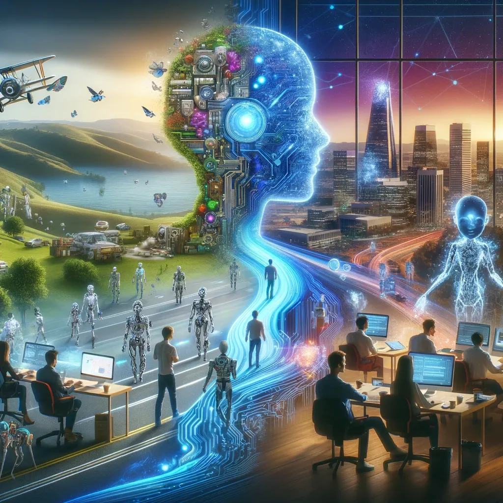 Surreal digital artwork showing the evolution of AI