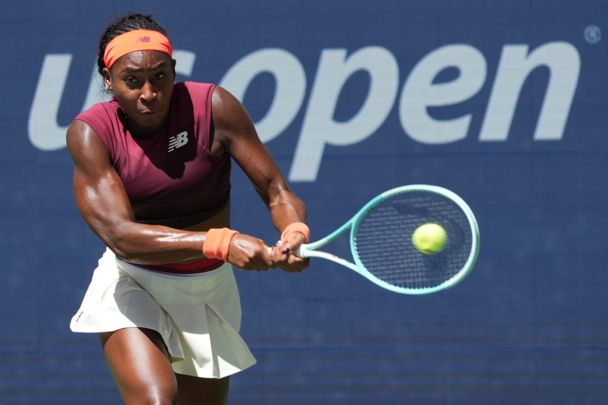Coco Gauff hits a two-handed backhand during a match at the US Open.