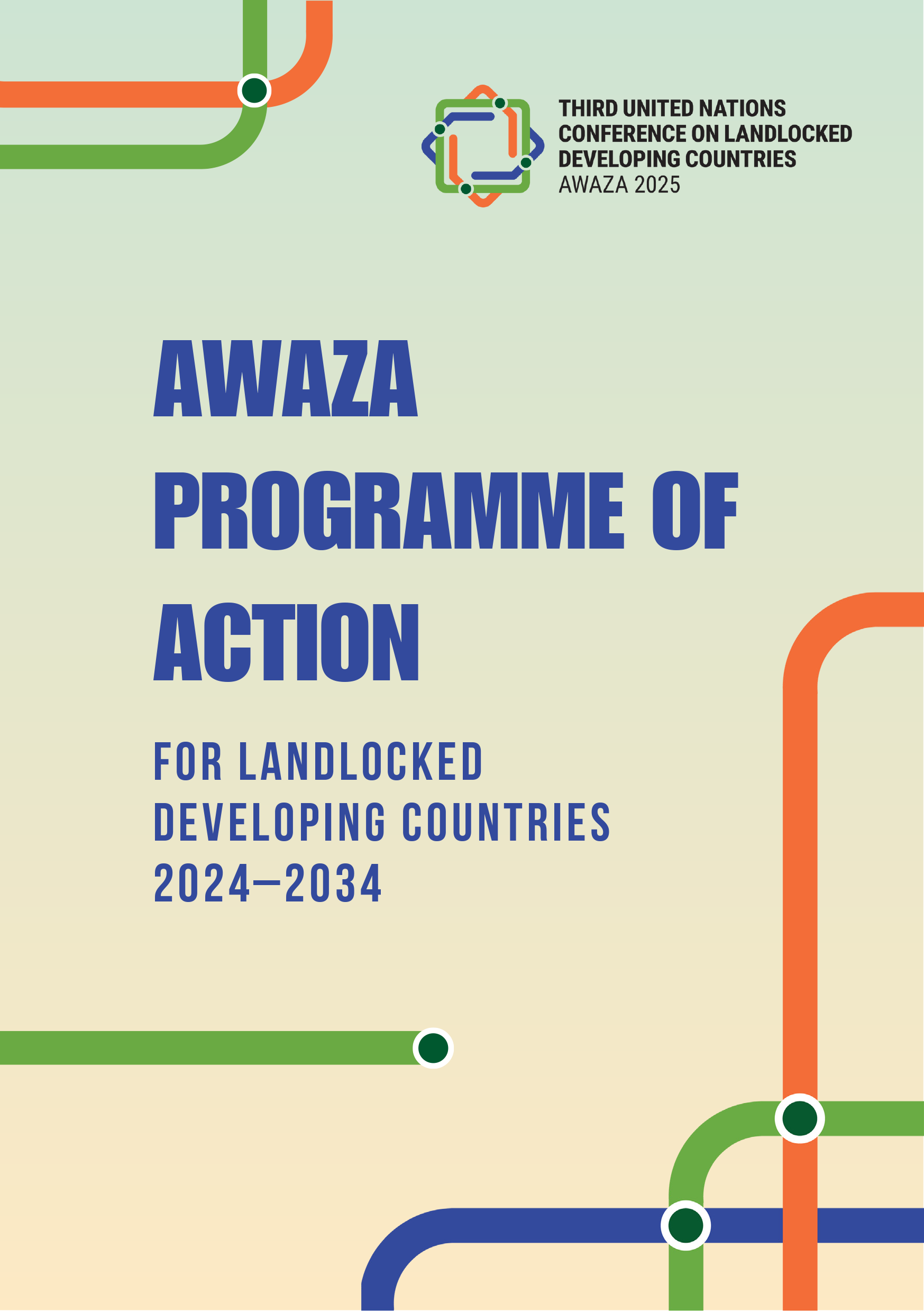 Cover design of the Awaza Programme of Action for Landlocked Developing Countries (2024–2034), featuring colorful interlinking pathways and the official conference logo.