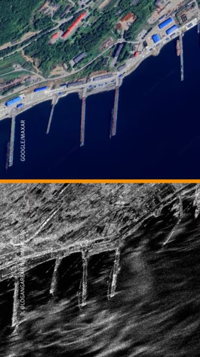 Side-by-side comparison of a high-resolution satellite image and a synthetic radar image of Russian submarine docks, showing multiple piers and port infrastructure.