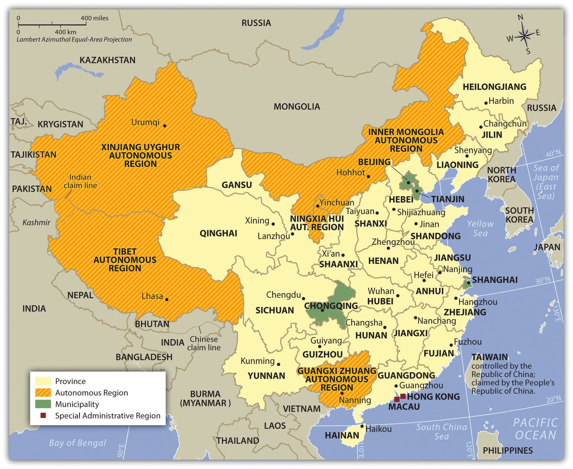 Political map of China highlighting provinces, municipalities, autonomous regions including Tibet, Xinjiang, Inner Mongolia, Ningxia, Guangxi, and special administrative regions Hong Kong and Macau.