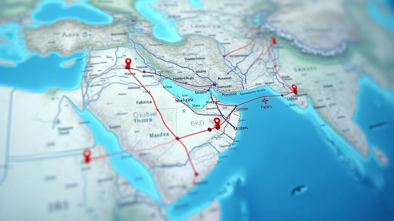 3D rendered map showing parts of the Middle East, South Asia, and East Africa, with red route lines, location pins, and an airplane icon indicating travel or trade connections.