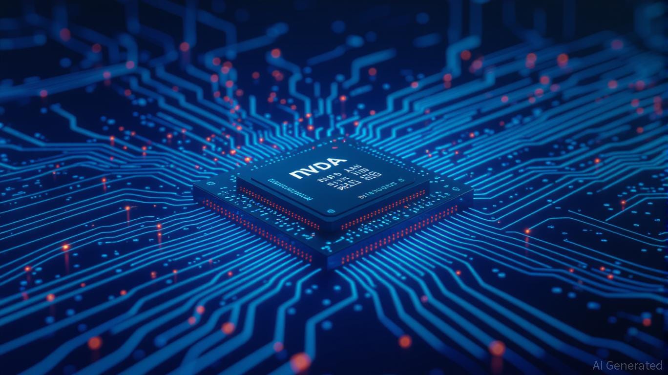 Nvidia microchip on a digital motherboard, illuminated by blue and red circuitry lines.