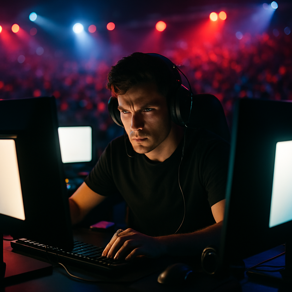 A dramatic, high-contrast shot of an eSports competitor