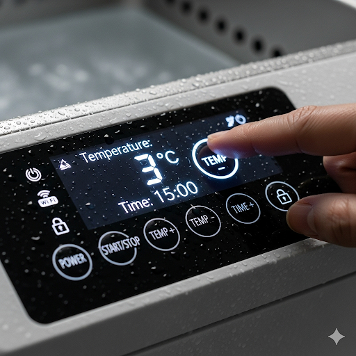 A close-up of a smart ice bath's digital control panel.