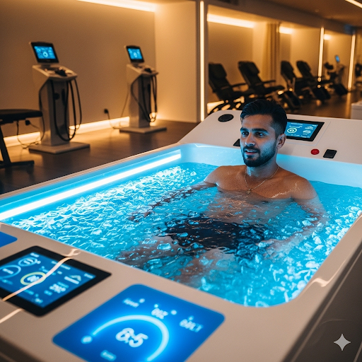 An Indian cricketer uses a smart ice bath for recovery.
