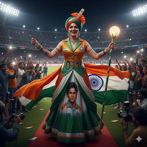 An Indian cricket superfan, adorned in vibrant team colors and traditional attire