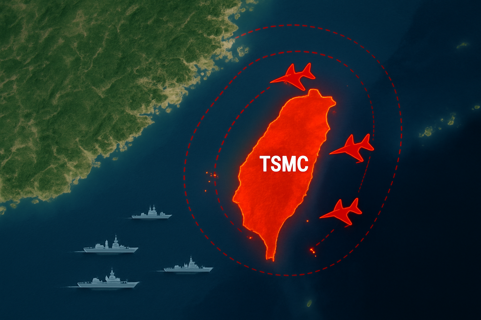 Taiwan Strait military buildup and semiconductor hotspots marked – flashpoint of WW3