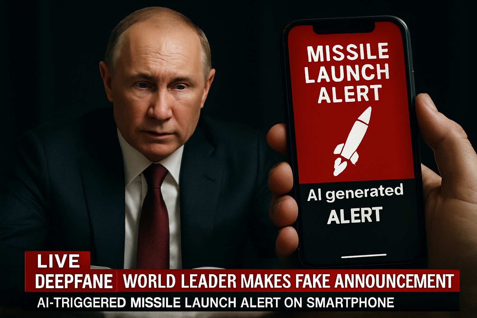 AI deepfake of global leader triggering false alarm during conflict.