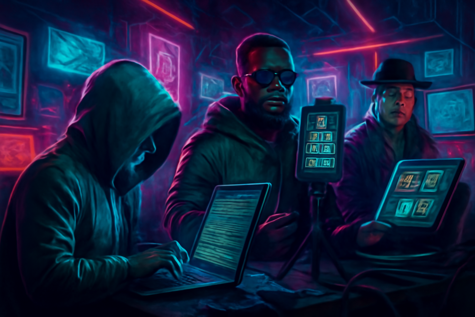 Digital-era mafia members operating from laptops, gaming rigs, and crypto terminals.