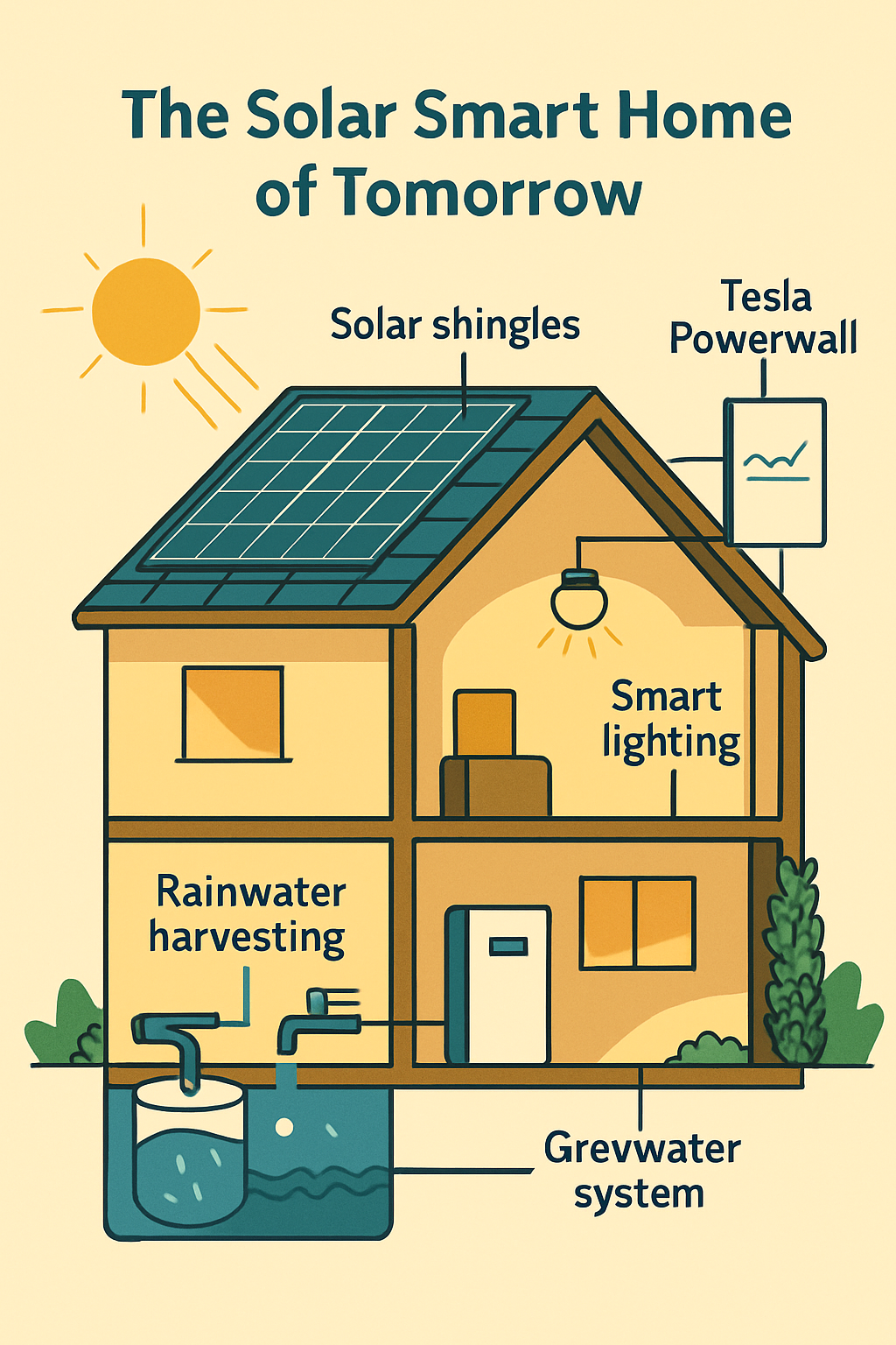 A cross-section of a modern smart solar home with labeled sustainable energy and water features