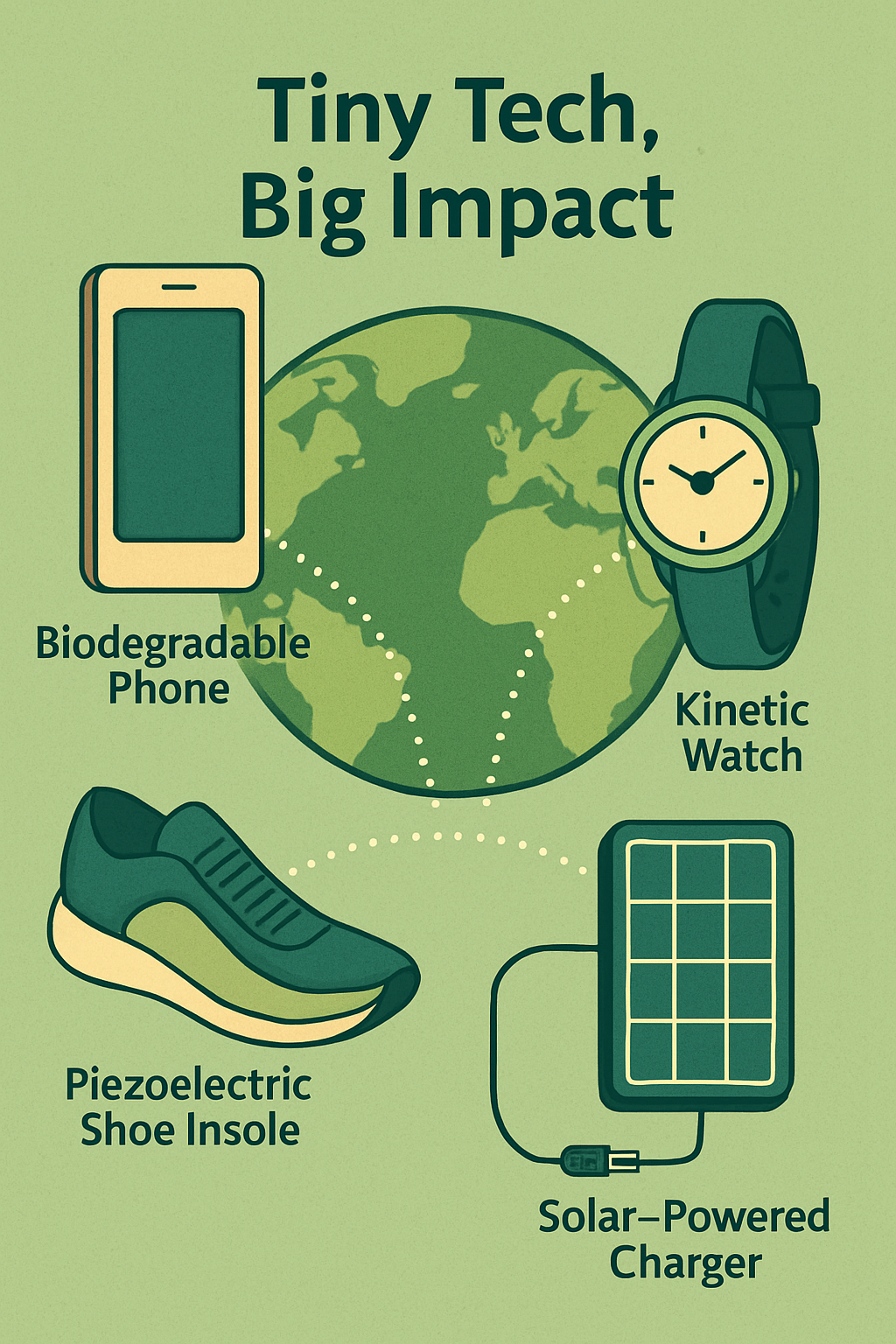 Various sustainable gadgets including biodegradable phones, kinetic watches, and solar chargers surrounding a green globe