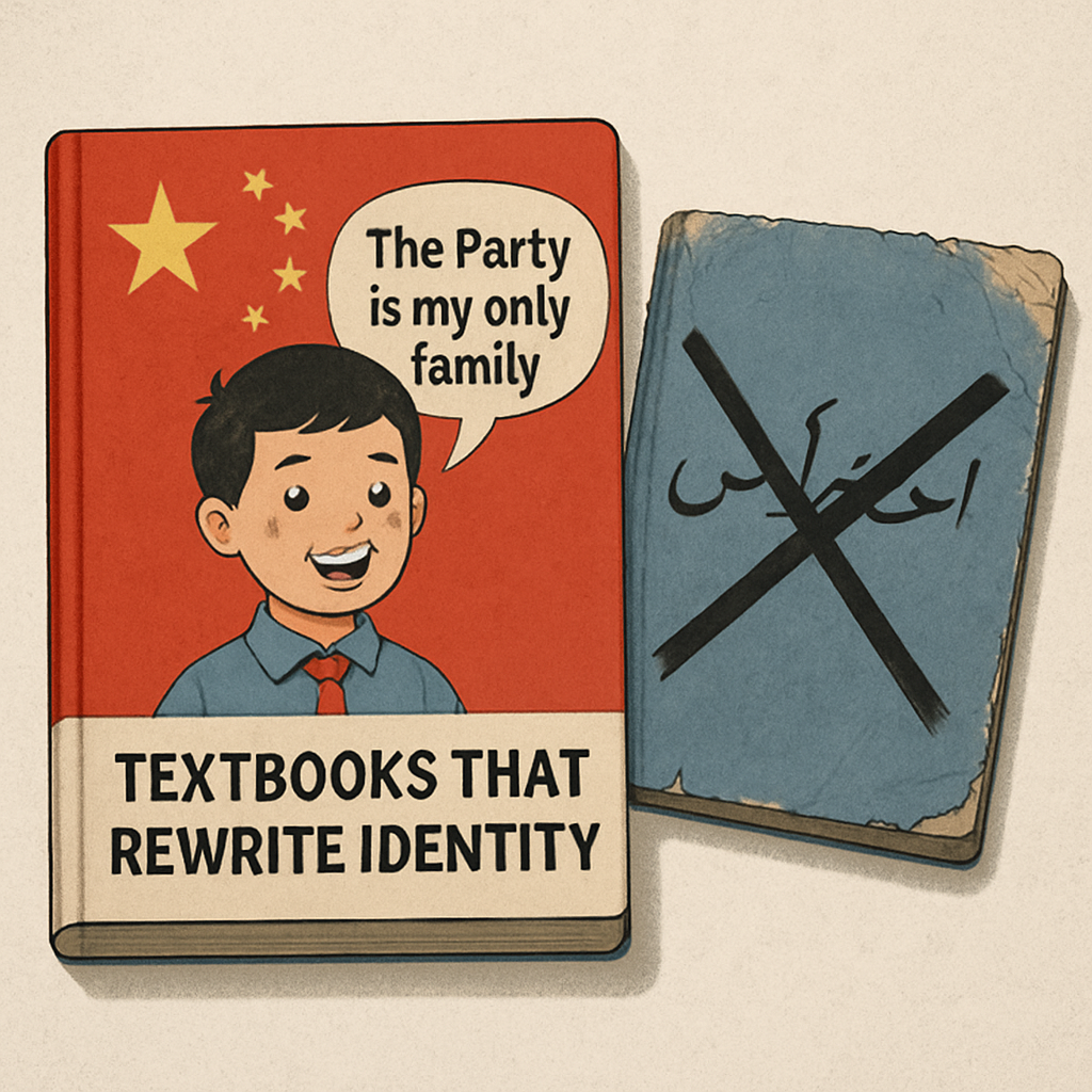 Illustrated textbook glorifying CCP loyalty replacing traditional Uyghur language materials.