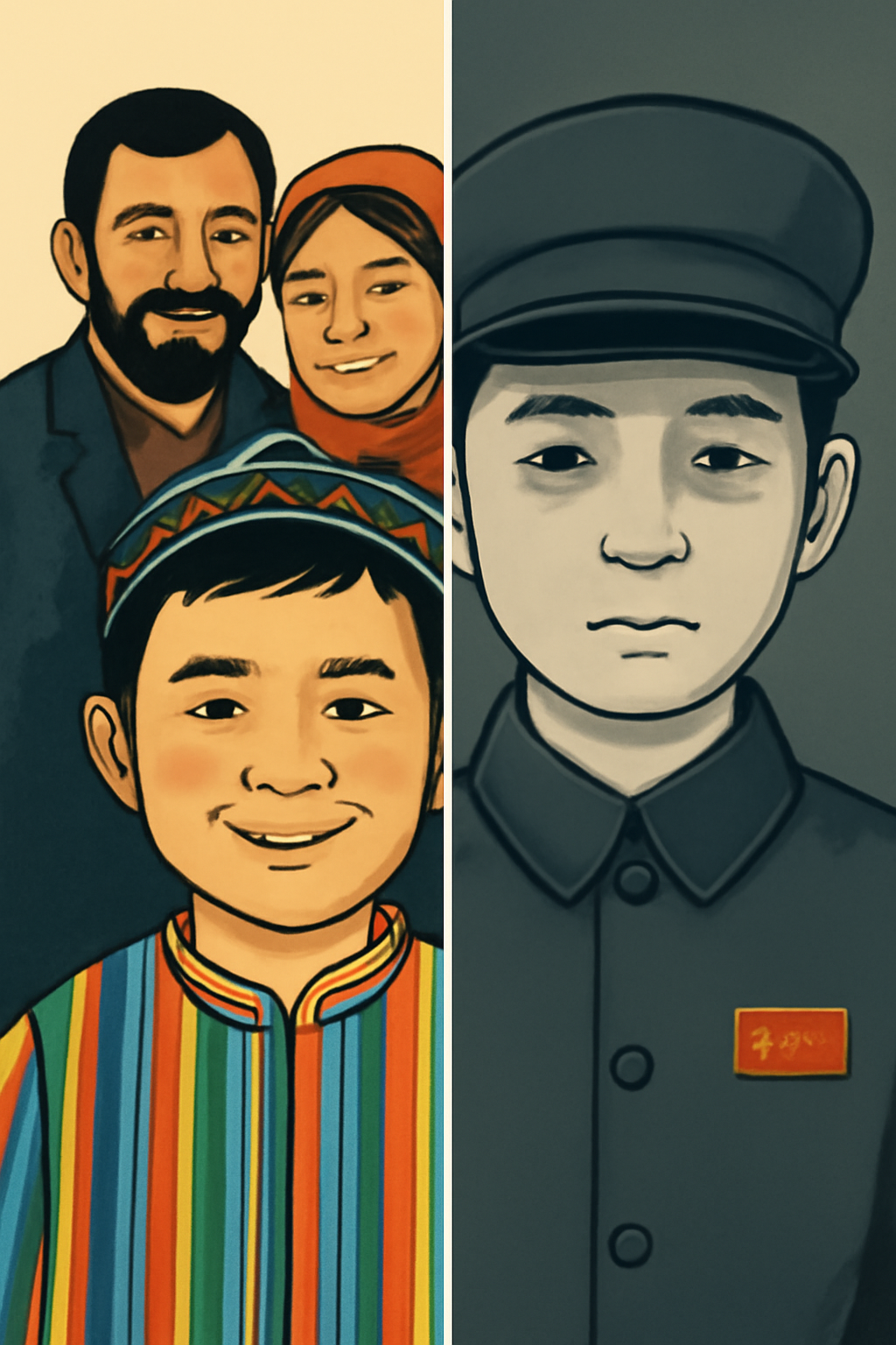A Uyghur child before and after reeducation, showing cultural and emotional change.