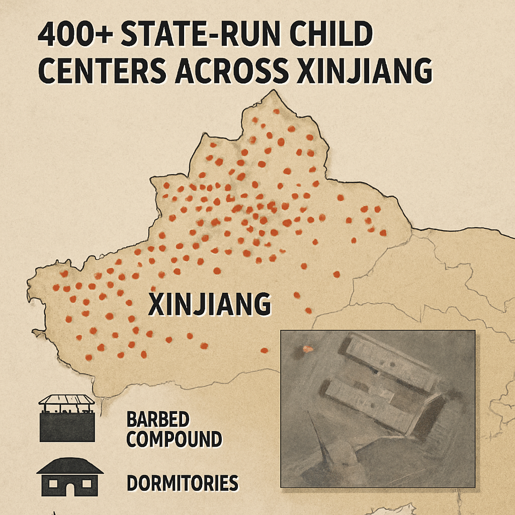 Map of Xinjiang showing the location of hundreds of state-run child indoctrination centers