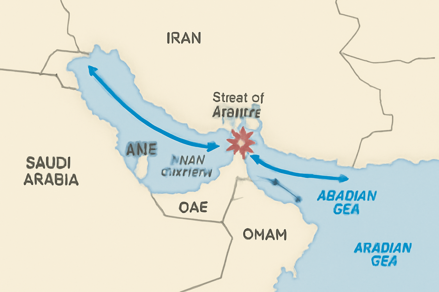 A labeled map of the Persian Gulf and Strait of Hormuz, marking major shipping lanes and the incident location