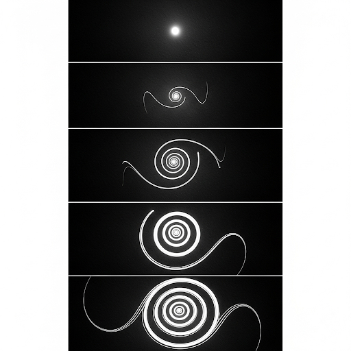 The spiral forming from a small dot into a full swirl.