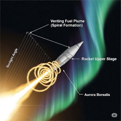 A rocket stage in space venting fuel, with spiral formation, aurora, and sunlight angles labeled.