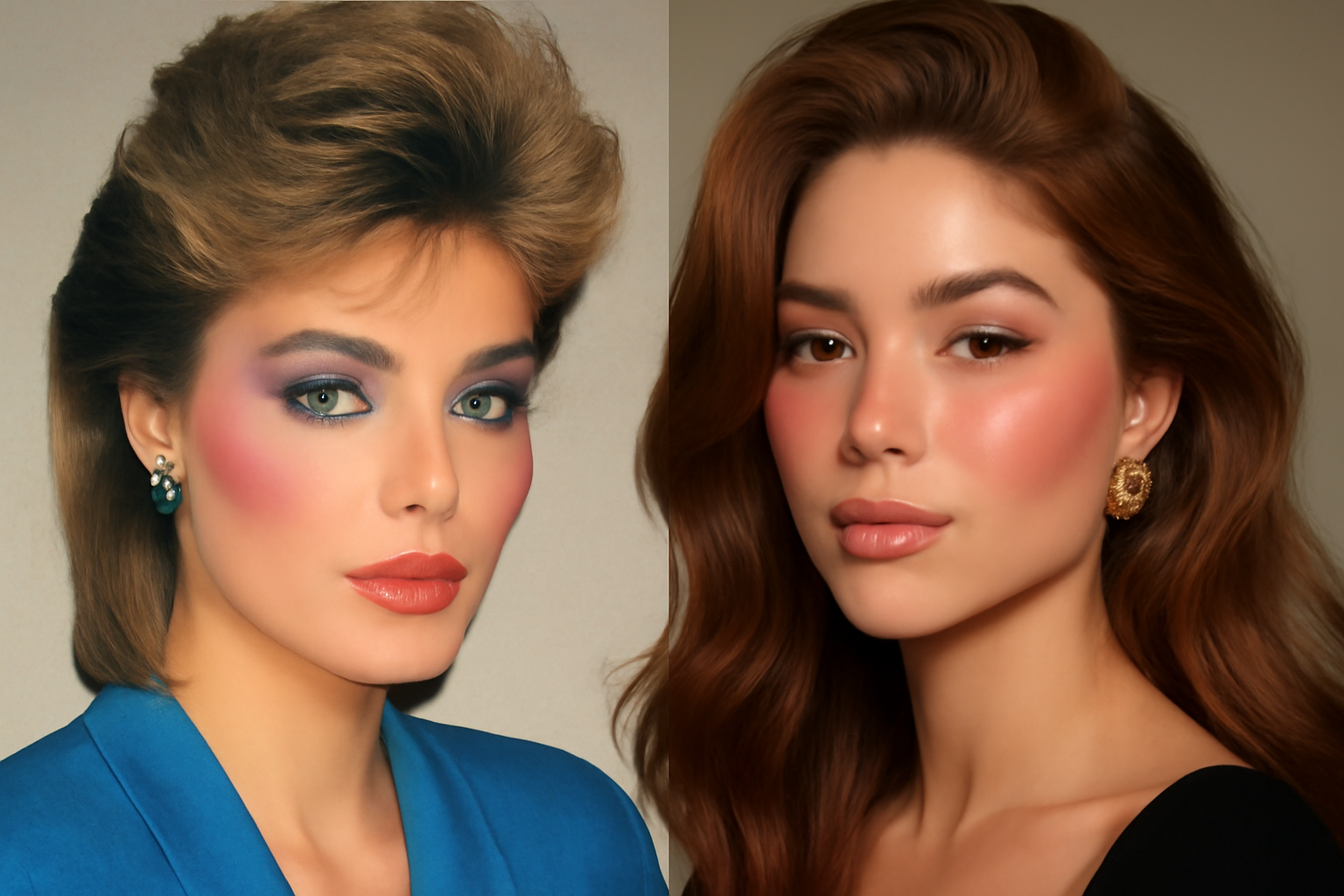 an original 80s makeup ad next to a modern influencer with bold blush and voluminous hair